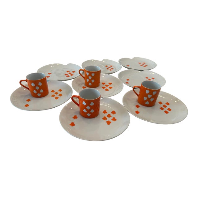 Mid Century 1950s Orange & White “Playing Card” Snack Plates With Cups by Jonas Roberts- Set of 12 For Sale