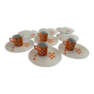 Mid Century 1950s Orange & White “Playing Card” Snack Plates With Cups by Jonas Roberts- Set of 12