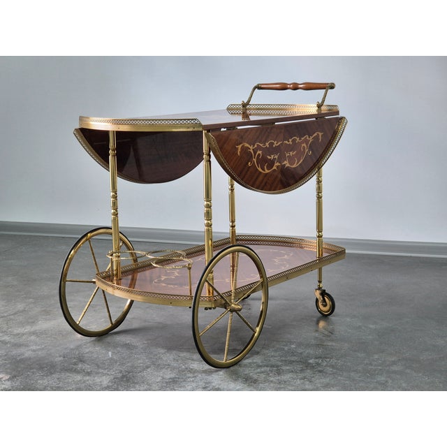 Serving Drink Bar Cart Trolley with Side Flaps in Marquetry Inlays, 1970s For Sale - Image 5 of 18