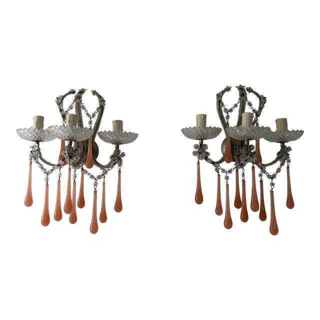 Maison Bagues Style Beaded Murano Pink Opaline Drops Sconces Rare C 1920 For Sale