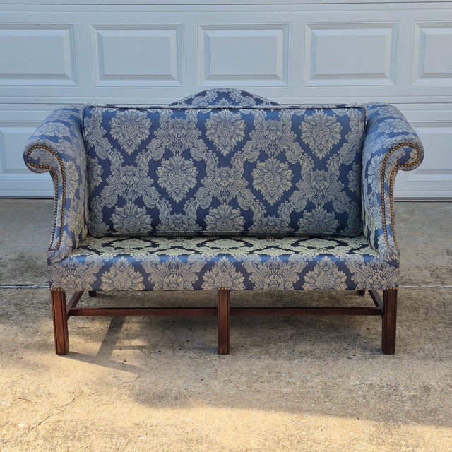 Mid-20th Century Blue Damask Camelback Settee Loveseat Petite Sofa Rolled Arms Nailhead Trim For Sale - Image 10 of 16