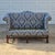 Mid-20th Century Blue Damask Camelback Settee Loveseat Petite Sofa Rolled Arms Nailhead Trim For Sale - Image 10 of 16