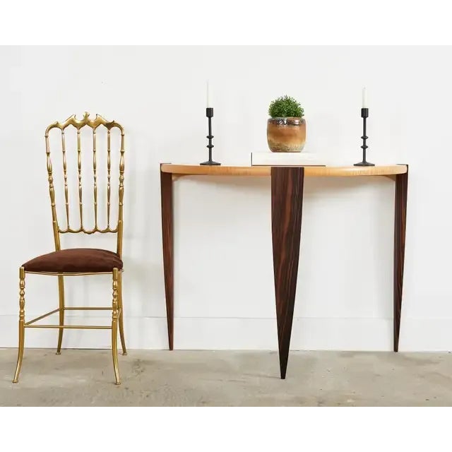 Dramatic pair of bespoke post modern demi-lune console tables custom made by Mike Fair in Los Angeles, CA. Constructed...