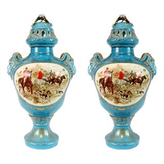 French Porcelain Lidded Urns with Hunting Scenes, Set of 2 For Sale