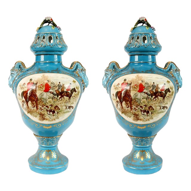 French Porcelain Lidded Urns with Hunting Scenes, Set of 2 For Sale
