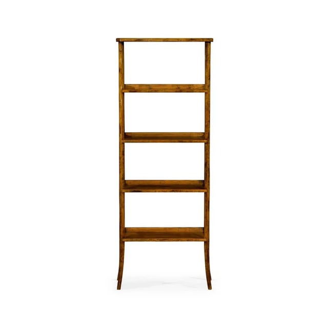A solid country-style four-tier etagere with wooden galleries, in an antiqued rustic finish. Dimensions: 30.5" W x 16" D x...