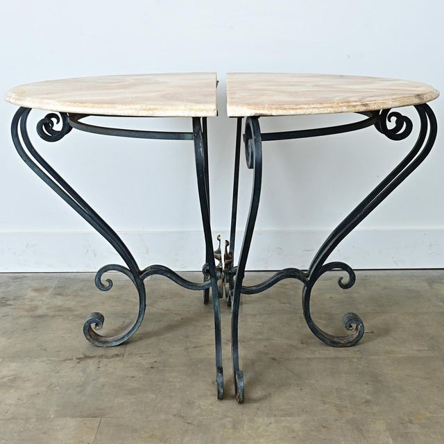 Early 20th Century French Pair of Onyx & Iron Demilune Consoles For Sale - Image 9 of 13