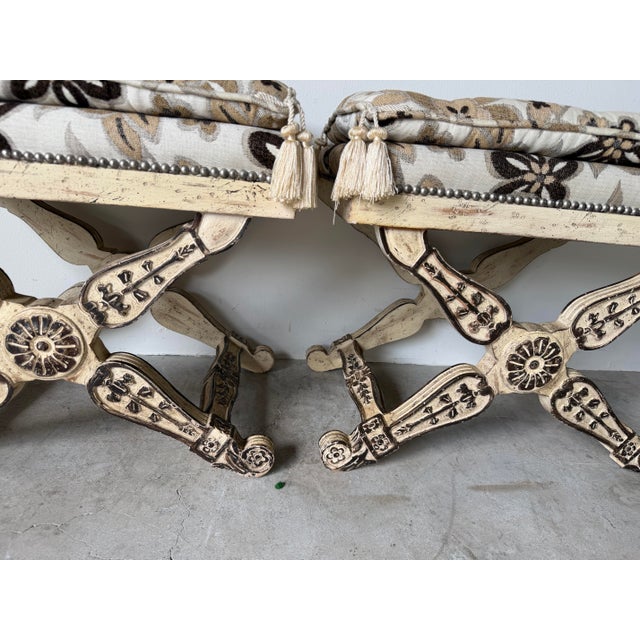 Wood Vintage Maison Jansen Neoclassical-Style Carved Wood Ottomans – Pair For Sale - Image 7 of 11