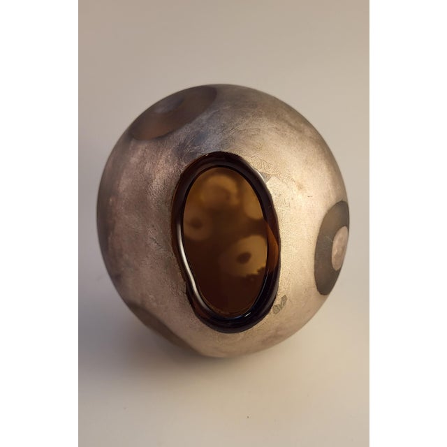 •Early rarer vintage Adam Aaronson hand made glass vase. •Amber Studio Art Glass Vase with Patinated Surface and Circles...