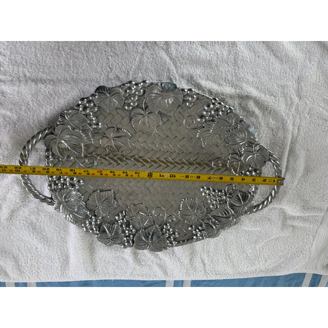 American 1990s Large, Lenox Grape Weave Pewter Color Oval Metal-Wear Handled Platter/Tray For Sale - Image 3 of 3