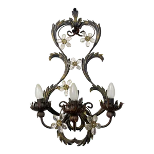 Contemporary Brunito and Rush Florentine Wrought Iron Wall Lamp With Floreal Crystals