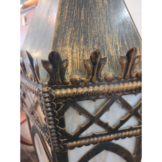 1920s Gothic Tudor Ecclesiastical Gold Painted Metal & Slag Glass Fixture Chandelier For Sale In San Diego - Image 6 of 10