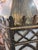 1920s Gothic Tudor Ecclesiastical Gold Painted Metal & Slag Glass Fixture Chandelier For Sale In San Diego - Image 6 of 10