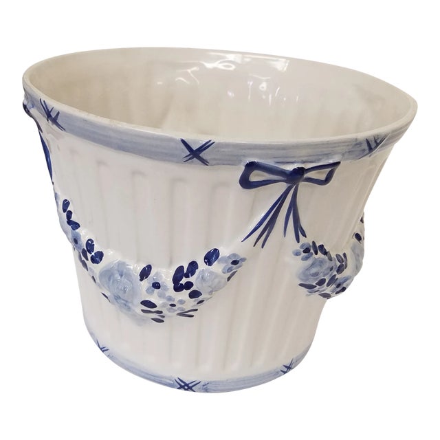 1980s Blue and White Large Cachepot With Swag Decoration For Sale