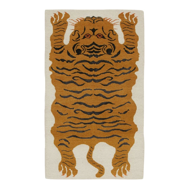 2010s Rug & Kilim’s Tiger-Skin Rug in White With Gold & Black Pictorial For Sale