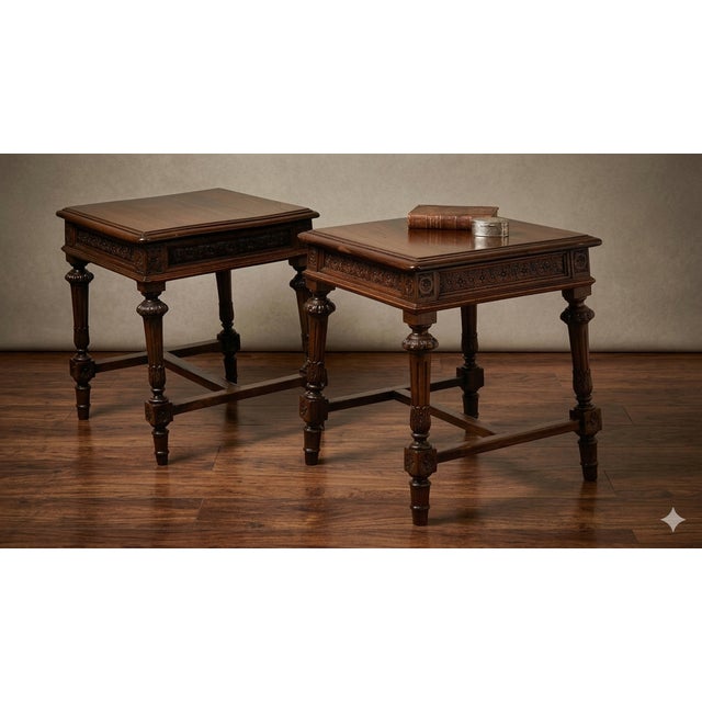 A pair of splendid hand-carved solid walnut coffee tables, from the Umbertine period (Piedmont), late 19th century. The...