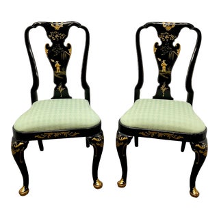 Vintage Baker Louis XIV Style Hand Painted Chinoiserie Motif Accent Dining Chairs - Pair For Sale