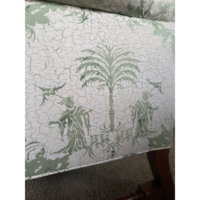 Wood 1960s Queen Anne Style Wingback Chair in Green Scenic Toile For Sale - Image 7 of 12