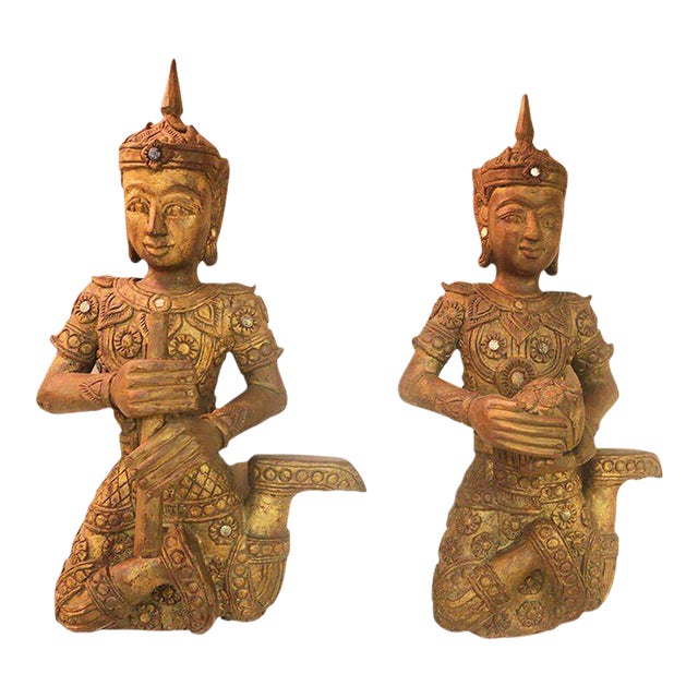 19th century. Teak Carved Large Gilt Siamese Figures with Provenance - a Pair For Sale