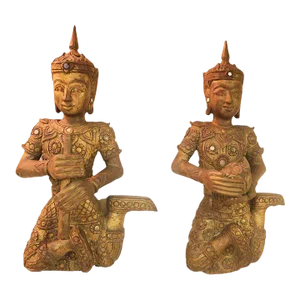 19th century. Teak Carved Large Gilt Siamese Figures with Provenance - a Pair