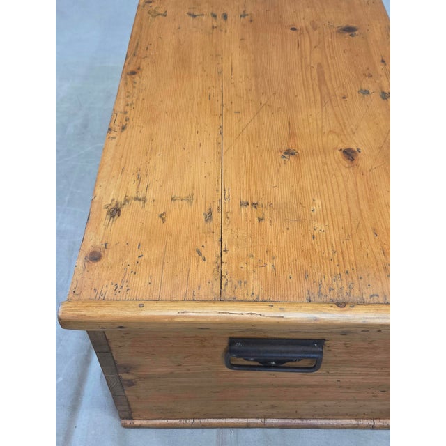 Wood Antique German Natural Pine Storage Trunk With Original Iron Key For Sale - Image 7 of 13