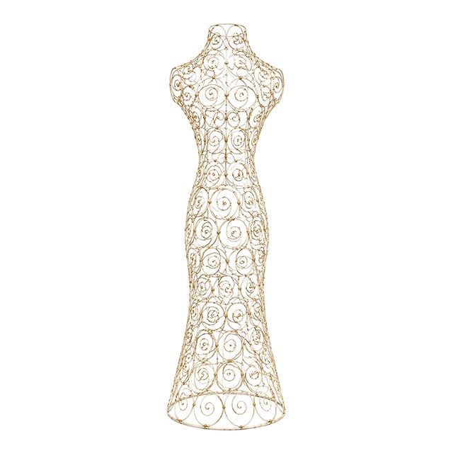 Late 20th Century Cream & Gold Gilded Scrollwork Wire Dress Form Sculpture For Sale