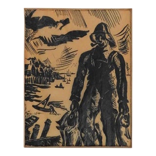 Vintage 1944 Pen and Ink Fisherman Drawing For Sale