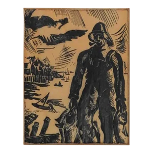 Vintage 1944 Pen and Ink Fisherman Drawing