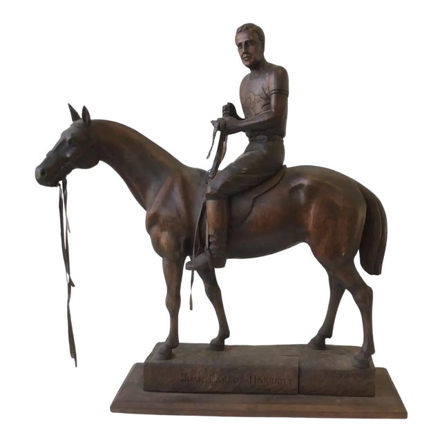 1970s Juan Carlos Harriott on His Polo Pony Carved Wood Sculpture by E. Dombrowe For Sale