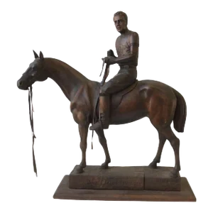 1970s Juan Carlos Harriott on His Polo Pony Carved Wood Sculpture by E. Dombrowe