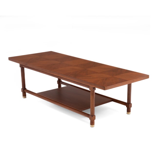 Walnut Mid Century Checkerboard Coffee Table Brass Cap Feet After Carl Axel Acking For Sale - Image 4 of 13