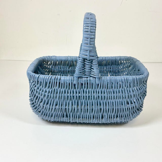 Mid-Century Modern Mid-Century Boho Chic Coastal French Blue Wicker Tabletop Basket For Sale - Image 3 of 10