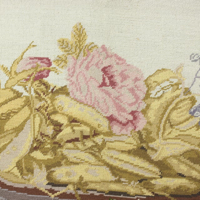 Early 21st Century Vintage Botanical Needlepoint Textile Art – Still Life Bowl of Pease and Pink Rose Blossom For Sale - Image 5 of 8