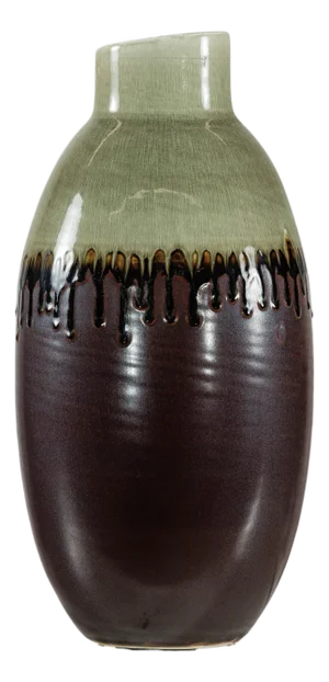 Green and Brown Ceramic Vase with Drip Glaze and Asymmetric Rim