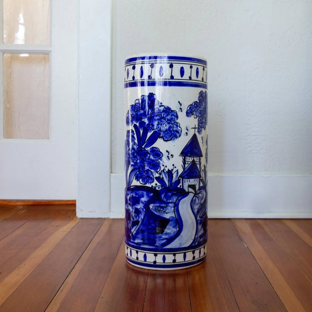 Blue Folk Art Blue and White Ceramic Porcelain Umbrella Holder For Sale - Image 8 of 11