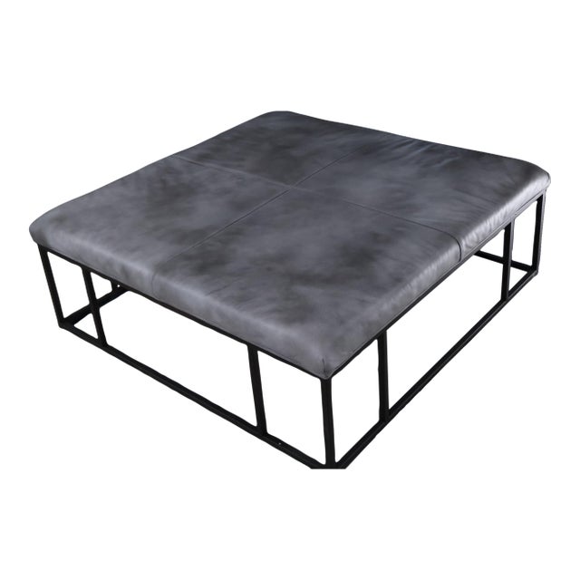 Modern Leather Ottoman Coffee Table With Metal Frame, 45" Square For Sale