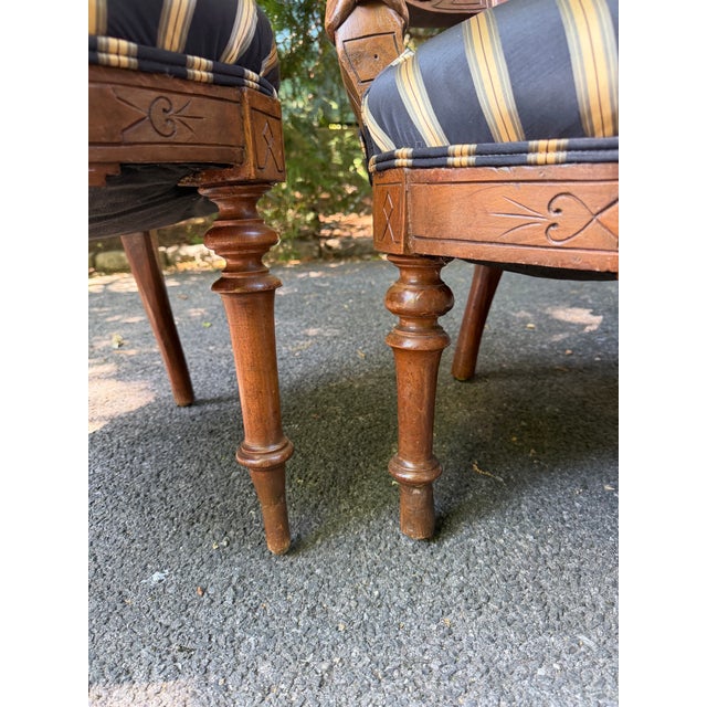 Traditional Matched Pair of Late 19th Century American Renaissance Revival “His and Hers” Victorian Parlor Chairs – Custom Upholstered, Pristine Woodwork. For Sale - Image 3 of 5