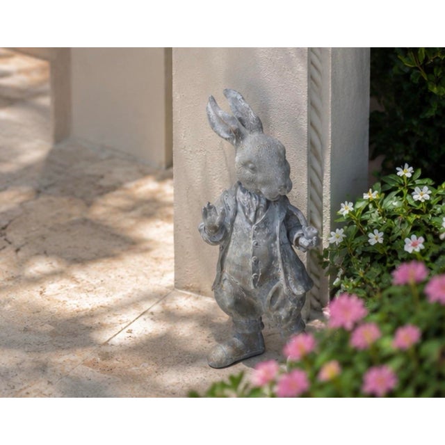 Gray Vintage Whimsical Cast Iron Dapper Rabbit Garden Statue Holding a Pipe For Sale - Image 8 of 12