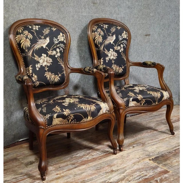 Pair of napoleon iii period mahogany armchairs with silk-like upholstery decorated with birds perched on branches violin-...