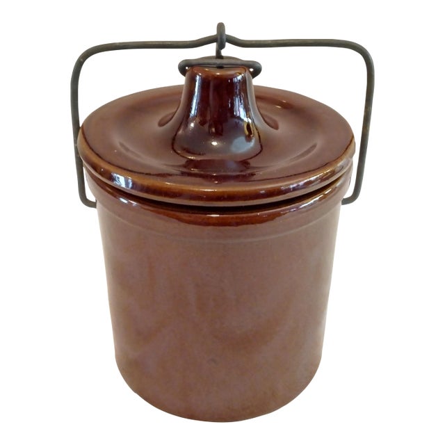 Vintage Brown 5" Crock With/ Lid and Wire Bail For Sale