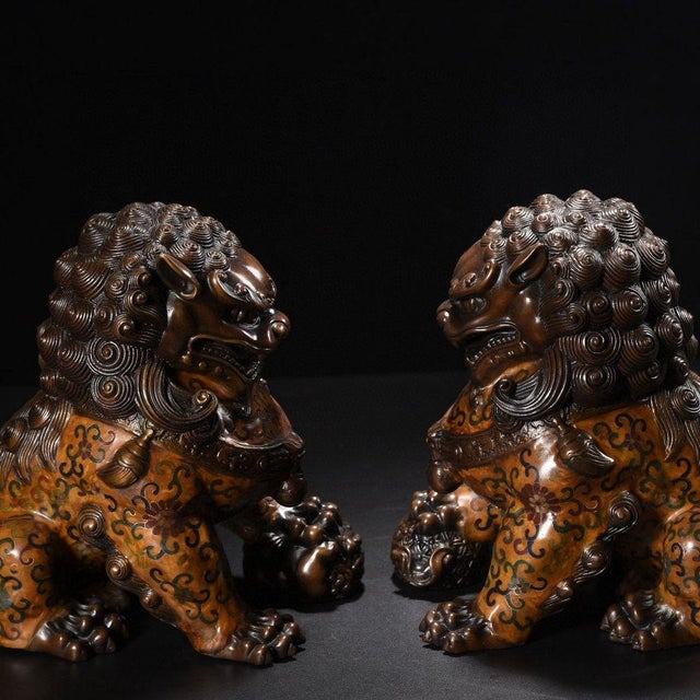 Elevate your interior with this striking pair of guardian lion statues, featuring exquisite cloisonne enamel work. Each...
