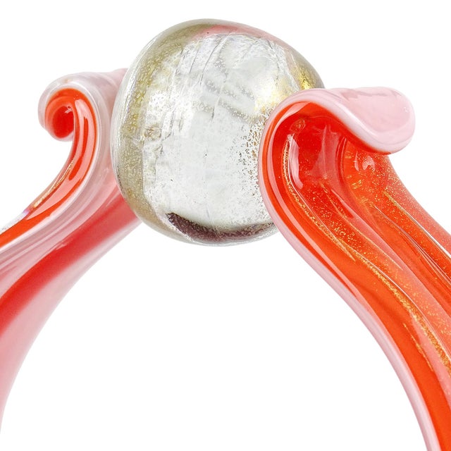 Vintage Barbini Murano Persimmon Orange Gold Flecks Italian Art Glass Mid Century Flower Basket Vase For Sale In Orlando - Image 6 of 7
