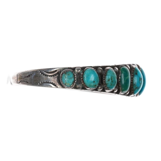 Late 20th Century 6 7/8" C1920's Navajo Ingot Silver Turquoise Row Cuff Bracelet For Sale - Image 5 of 10