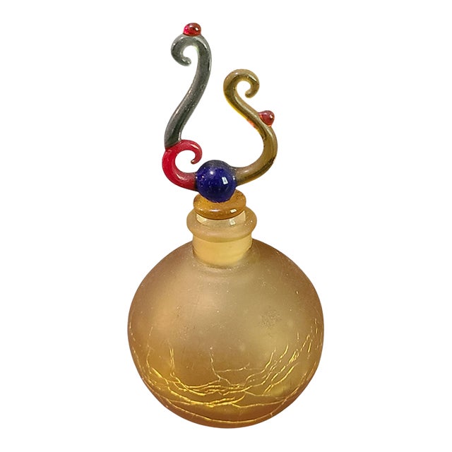 Vintage Art Studio Hand Blown Amber Crackle Glass Colorful Top Perfume Bottle For Sale
