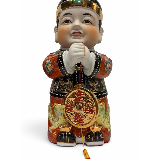 Chinoiserie Large 16" Vintage Chinese Porcelain Good Fortune Figurines - Jintong & Yunu Pair For Sale - Image 3 of 8
