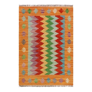Abstract Turkish Kilim Rust Blue Hand-Woven Wool Rug For Sale