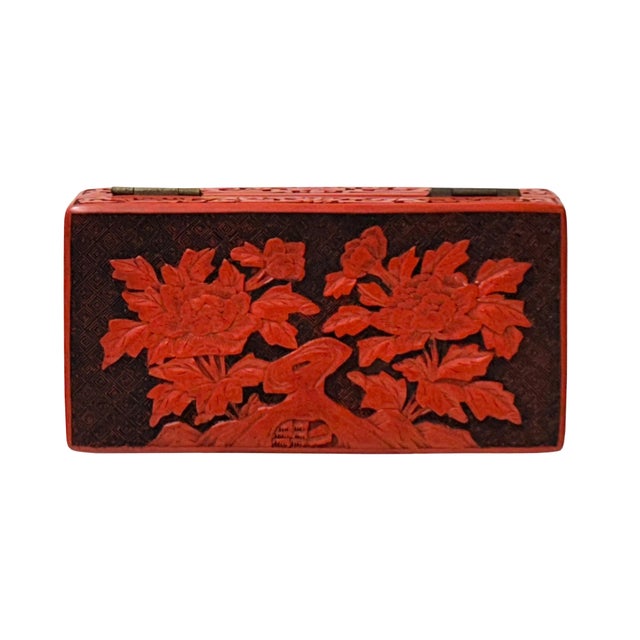 Plastic Hand Craft Vintage Chinese Red Lacquer Rectangular Floral Accent Box For Sale - Image 7 of 9