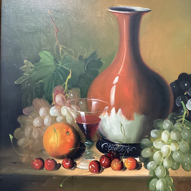 French Realistic Painting on Canvas Still Life Fruit and Pottery Composition by Frank Lean Framed Circa 1960s For Sale - Image 3 of 12