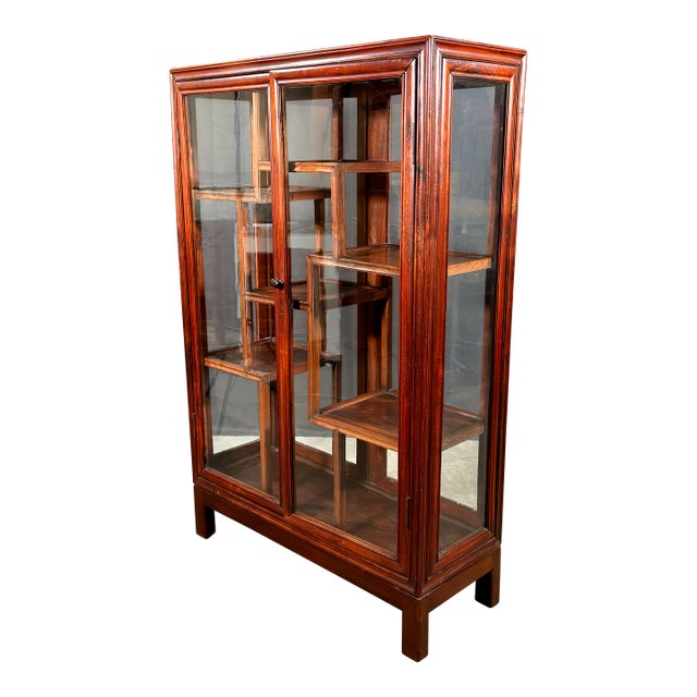 Vintage Chinese Rosewood Two Door Glass Curio Cabinet / Vitrine Etagere For Sale