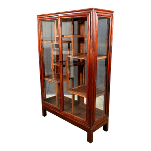 Vintage Chinese Rosewood Two Door Glass Curio Cabinet / Vitrine Etagere